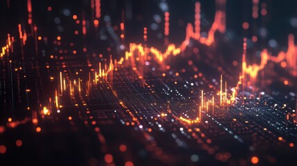 dynamic 3d visualization of stock market data with glowing line graphs and floating numerical indicators on a dark backdrop