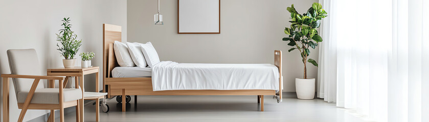 Fototapeta premium A serene bedroom featuring a wooden bed, cozy linens, a chair, and plants, perfect for relaxation and comfort.