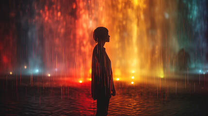  A person standing under a rain of colorful pixels, symbolizing the digitalization of reality