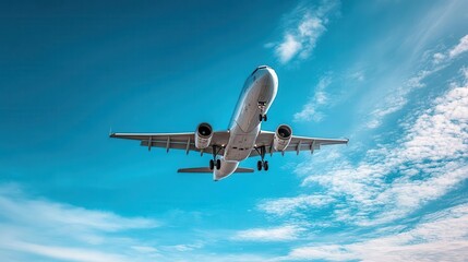 Fototapeta premium dynamic lowangle shot of airplane taking off against vivid blue sky sleek aircraft design and dramatic perspective capture the excitement of air travel