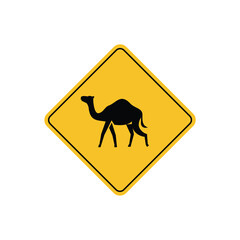 road sign icon, camel crossing road on yellow rhombus. board.suitable for poster use and web icon	
