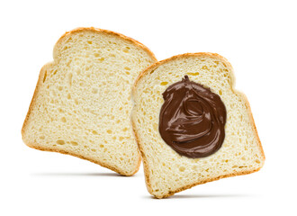 Slices of white bread with chocolate cream spread on white background.
