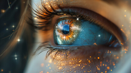 A human eye with a galaxy inside the iris, symbolizing the universe within us