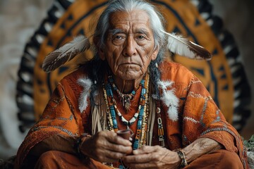Obraz premium Elder Native American shaman with traditional attire and pipe