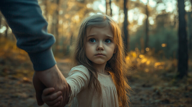 Stranger leading little child to the forest
