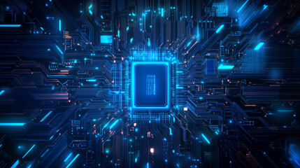 Obraz premium A detailed vector illustration featuring a technology circuit board and processor, highlighting an AI chip or CPU semiconductor. The design incorporates thin circuit lines against a digital background