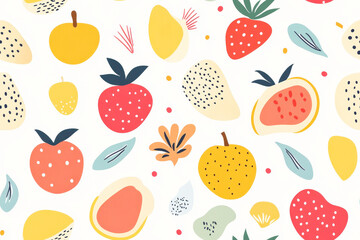 Seamless playful and colorful pattern featuring various fruits in a whimsical style