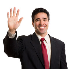 A politician waving to an unseen crowd with a warm, charismatic smile. isolated on transparency background