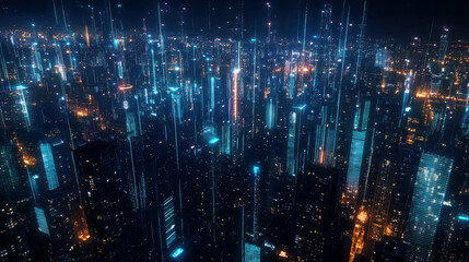 Futuristic smart city at night showcasing advanced digital transformation and modern urban development with vibrant lights and skyscrapers.