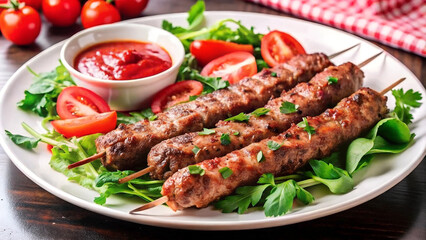 Lula kebab on a plate with vegetables and sauce, decorated with herbs and fresh tomatoes