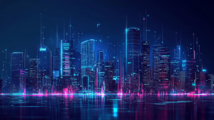 A futuristic vector illustration of a smart city panorama, designed in a digital polygonal style. The cityscape features tech buildings rendered with low poly wireframe elements, set against a dark bl