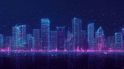 Naklejka premium A futuristic vector illustration of a smart city panorama, designed in a digital polygonal style. The cityscape features tech buildings rendered with low poly wireframe elements, set against a dark bl