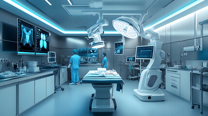 A modern hospital operating room with advanced medical equipment, including a robotic surgical system, flat-screen monitors displaying vital signs, and sterile instruments arranged on a table. 