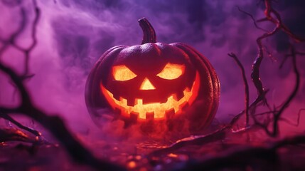 Naklejka premium eerie jackolantern glowing in misty darkness shadowy branches framing scene orange and purple color palette with ample negative space
