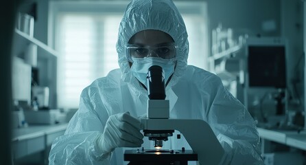 Scientist in protective gear conducting research with a microscope in a laboratory setting