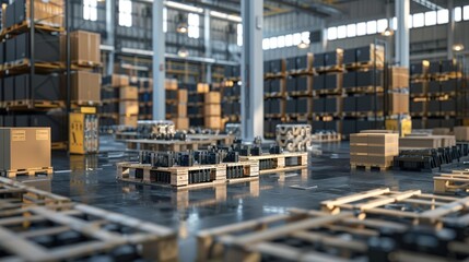 Naklejka premium In the large warehouse, there is a high tech cardboard box packaging and overall layout of modular storage systems for goods in boxes. 