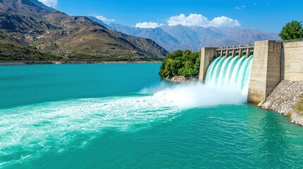A stunning dam scene with turquoise water flowing powerfully against a backdrop of mountains under a clear blue sky.