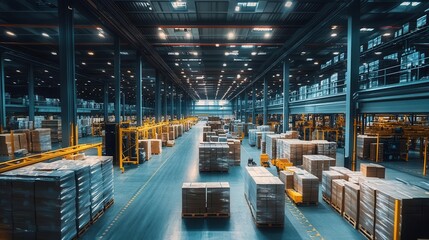 Fototapeta premium efficient warehouse logistics vast storage facility with neatly stacked packages automated systems and workers collaborate seamlessly cool lighting emphasizes order and scale