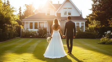 elated newlyweds stand handinhand before their charming suburban home bathed in warm sunlight fresh paint and manicured lawn suggest new beginnings and domestic bliss