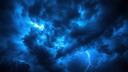 electrifying night sky pierced by vivid blue lightning bolt dramatic cloud formations illuminated by intense flash highcontrast scene captures raw power of nature