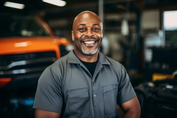 Obraz premium Portrait of a middle aged African American mechanic in shop