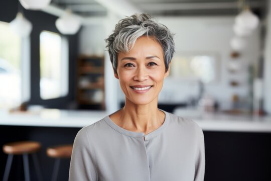 Portrait of a smiling senior Asian businesswoman with short hair in office