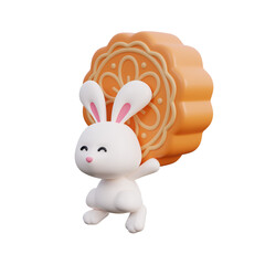 Happy mid autumn festival with cute rabbit and mooncake, traditional celebrations in Asian, 3d rendering.