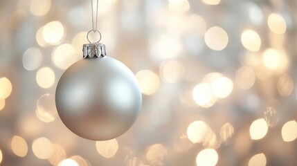 elegant blank christmas ornament in shimmering silver suspended against a soft bokeh background of holiday lights