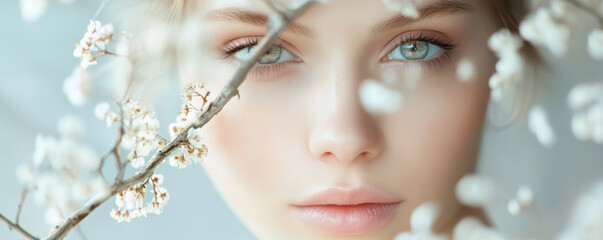 Fototapeta premium Close-up Portrait of a Young Woman Surrounded by Pink Blossoms