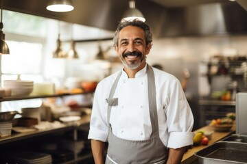 Fototapeta premium Portrait of a middle aged Hispanic male chef in kitchen