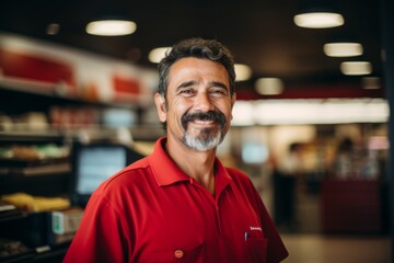 Fototapeta premium Portrait of a middle aged Hispanic male cashier in supermarket