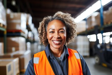 Portrait of a middle aged female forklift worker in warehouse
