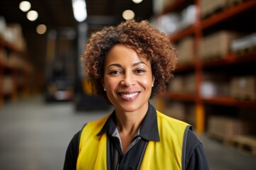 Portrait of a middle aged female forklift worker in warehouse