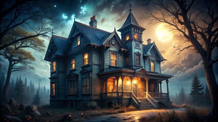 Chilling haunted house facade with eerie lighting and shadows