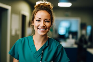 Fototapeta premium Portrait of a young nurse in scrubs at hospital