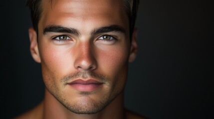 Obraz premium A close-up portrait of a young man with clear blue eyes in a dimly lit setting emphasizing his facial features and strong jawline