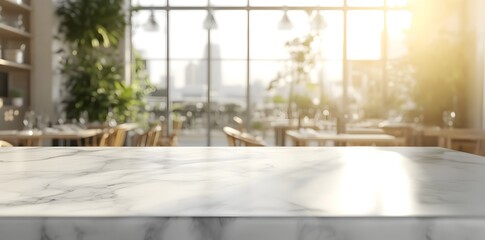 Bright restaurant interior with marble table.
