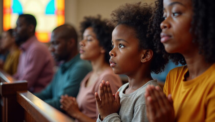 Fototapeta premium Close-up of a young African American child in prayer between their parents during a busy church service.