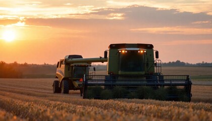 Fototapeta premium Harvesting during sunset with a combine harvester in a golden field