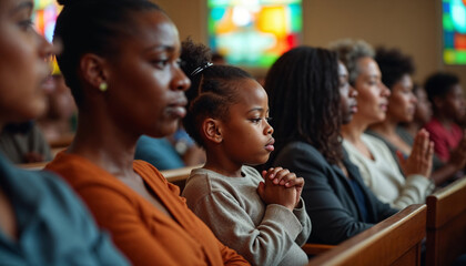 Fototapeta premium Close-up of a young African American child in prayer between their parents during a busy church service.