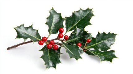 elegant sprig of european holly with glossy green leaves and bright red berries casting delicate shadows on a pure white background