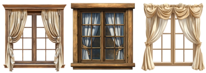 Curtains with Tassel Trim on Wooden Window Frame, Elegant Home Interior Décor Drapes, Isolated on Transparent Background