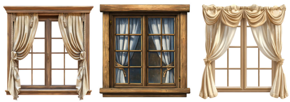 Curtains with Tassel Trim on Wooden Window Frame, Elegant Home Interior Décor Drapes, Isolated on Transparent Background