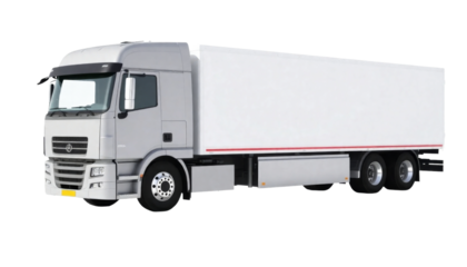 Large gray delivery truck with a white cargo trailer ready for transport on a transparent background