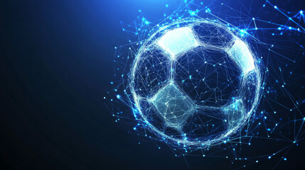 A futuristic vector illustration of a football, designed with a technology-driven wireframe mesh and polygonal elements. The image showcases a connection structure, highlighting a geometric and modern