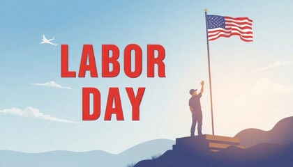 A person proudly raises the American flag on a clear Labor Day, symbolizing unity and celebration of workers' contributions