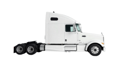 White semi-truck with a sleek design parked on a clean background under natural light near a shipping yard