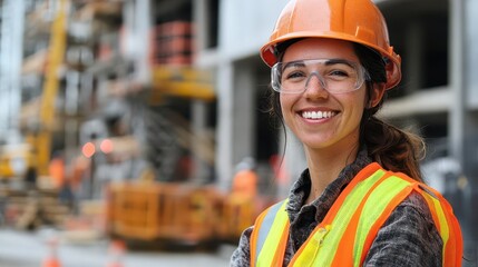 empowered construction worker confident female wearing hard hat safety vest and protective gear smiling proudly on a bustling construction site