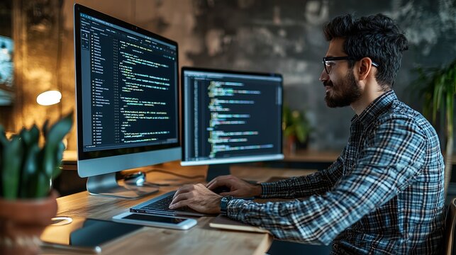 A focused programmer working on computer code in a modern office setting with plants and contemporary decor.
