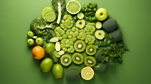 Large collection of green fruit and vegetable pieces and slices top view. Neural network ai generated art